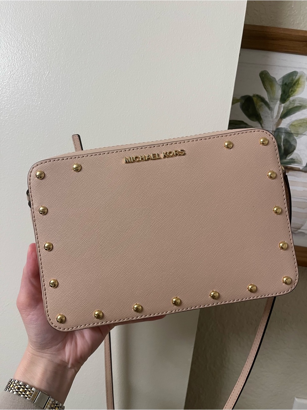 Michael Kors Pink Saffiano Crossbody with Gold Studs